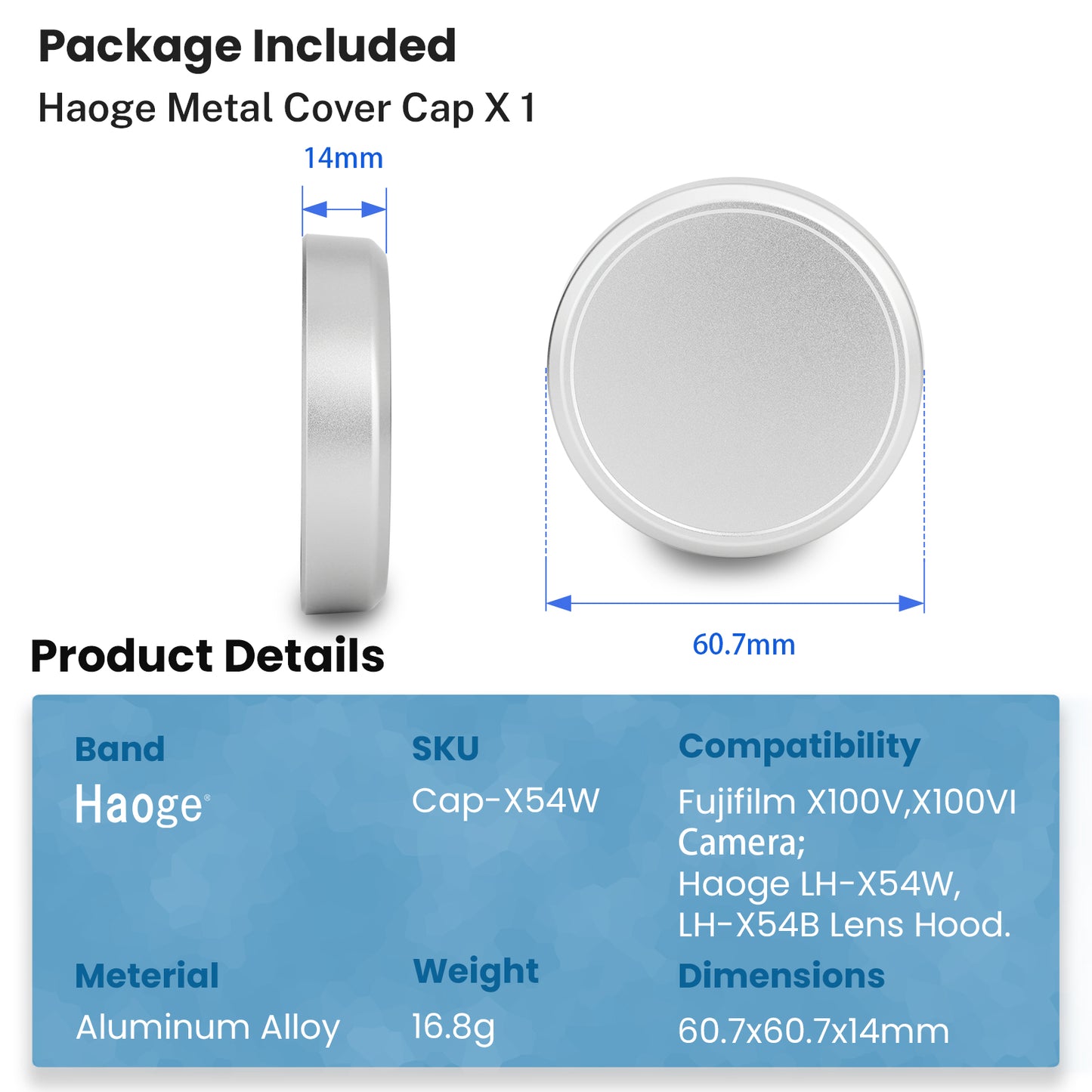Haoge Cap-X54W Metal Lens Cap for Fujifilm X100VI Fuji X100V Camera Silver Compatible With Haoge LH-X54W LH-XVI100S LUV-X54W LUV-XVIS Lens Hood