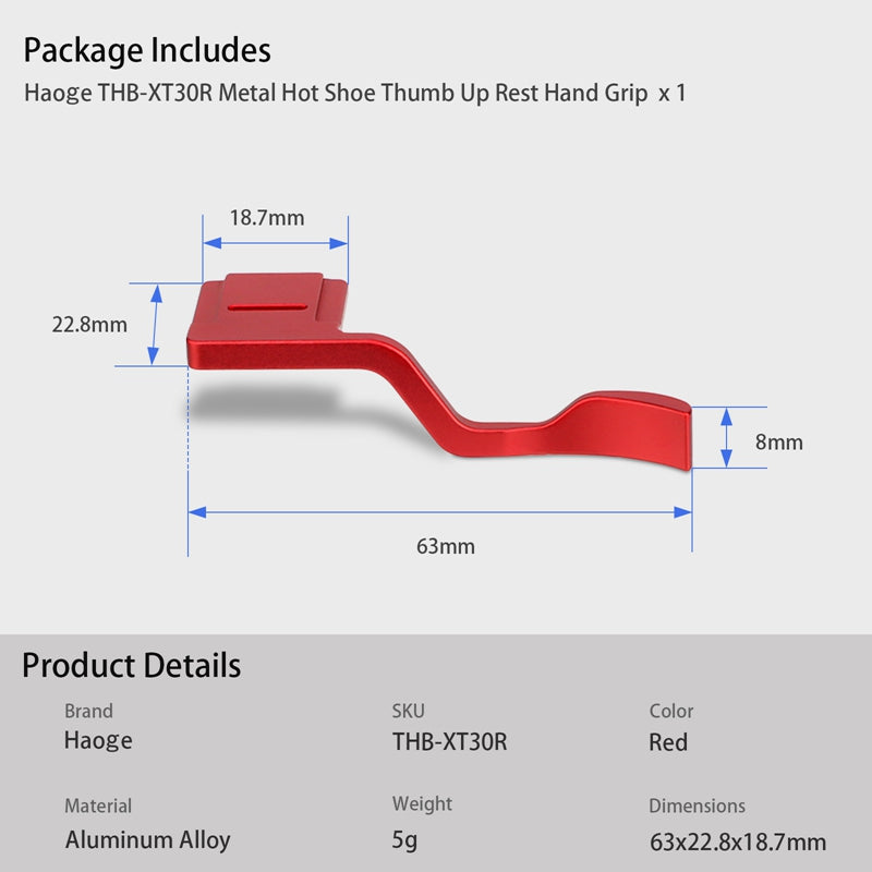 Haoge Metal Hot Shoe Thumb Up Rest Hand Grip for Fujifilm X-T30III Fuji X-T50 X-T30 X-T30II XT50 XT30 III Camera Red