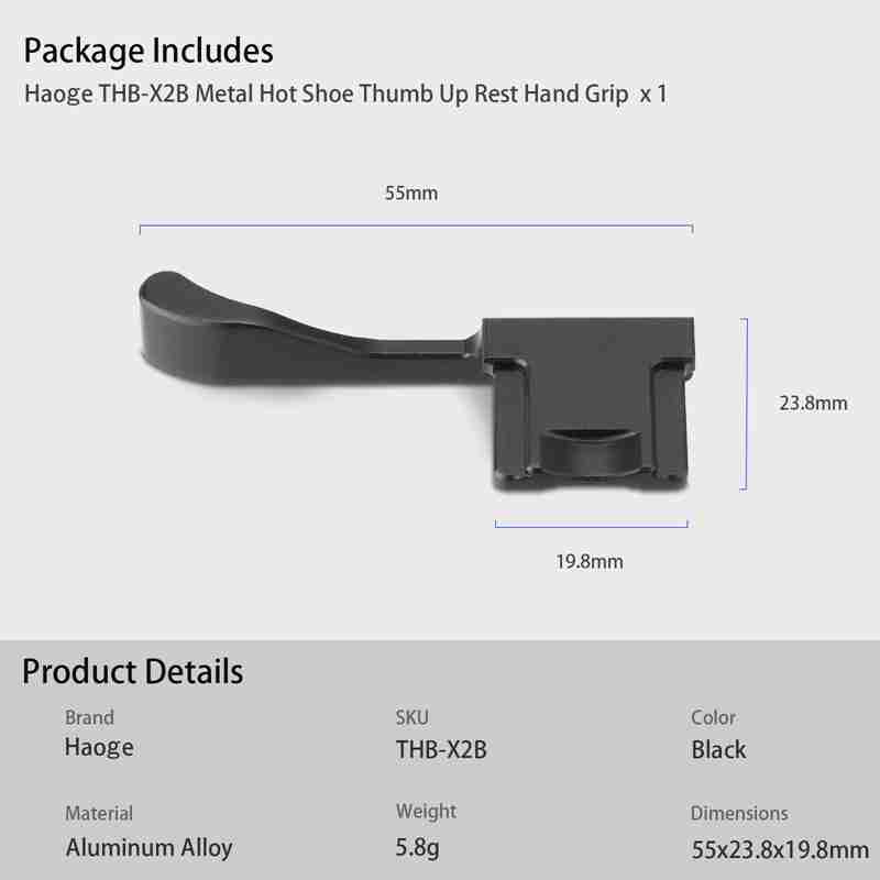 Haoge Metal Hot Shoe Thumb Up Rest Hand Grip for Fujifilm Fuji X100VI Camera Black