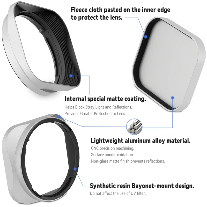 Haoge Silver Metal Square Lens Hood for Fujifilm XF33mm F1.4 R WR Lens, Fujinon XF 16-50mm,Fuji XF 23mm f/1.4 R LM WR lens Hood Shade Bayonet Mount
