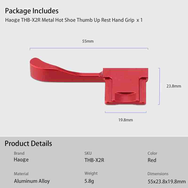 Haoge Metal Hot Shoe Thumb Up Rest Hand Grip for Fujifilm Fuji X100VI Camera Red