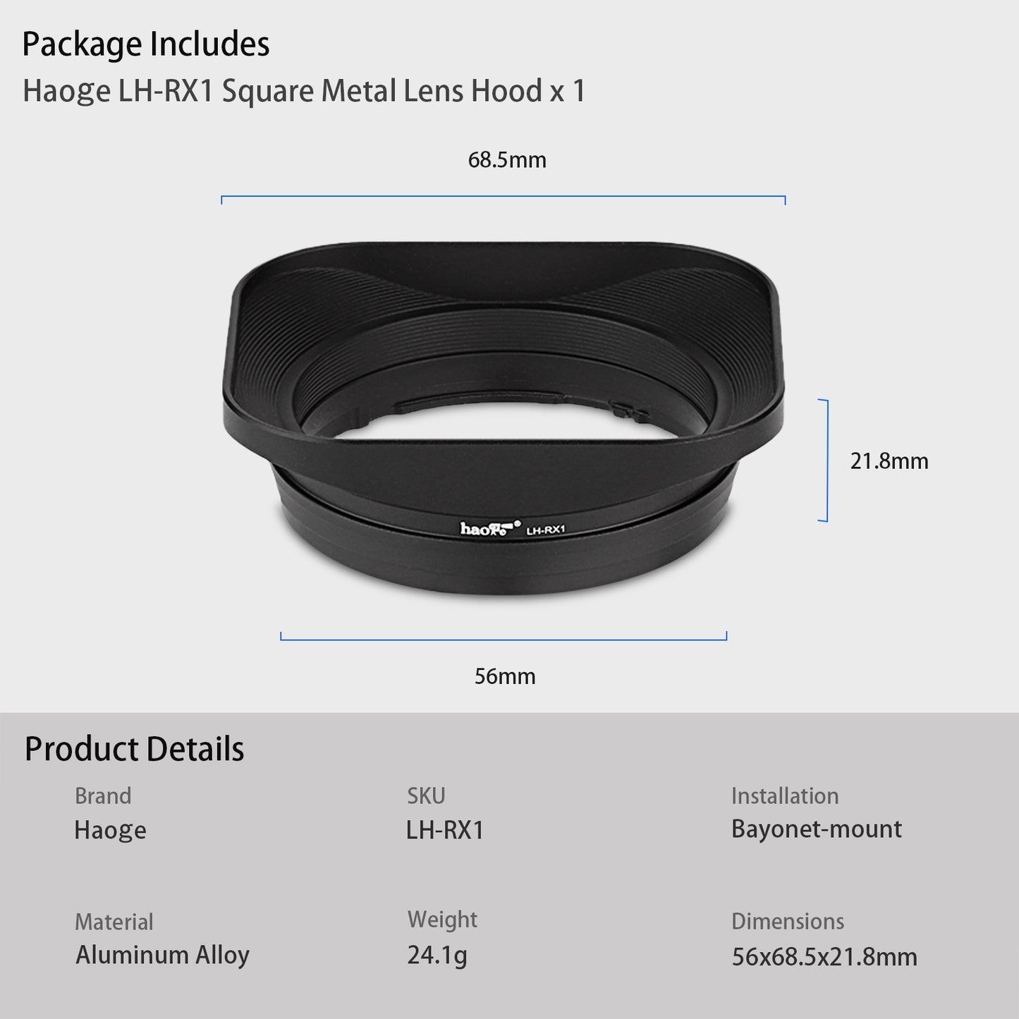 Haoge LH-RX1 Square Metal Bayonet Lens Hood Shade for Sony Carl Zeiss Sonnar T* FE 35mm F2.8 ZA,FE 55MM F1,8 ZA, FE 24mm F1.8 ZA Lens