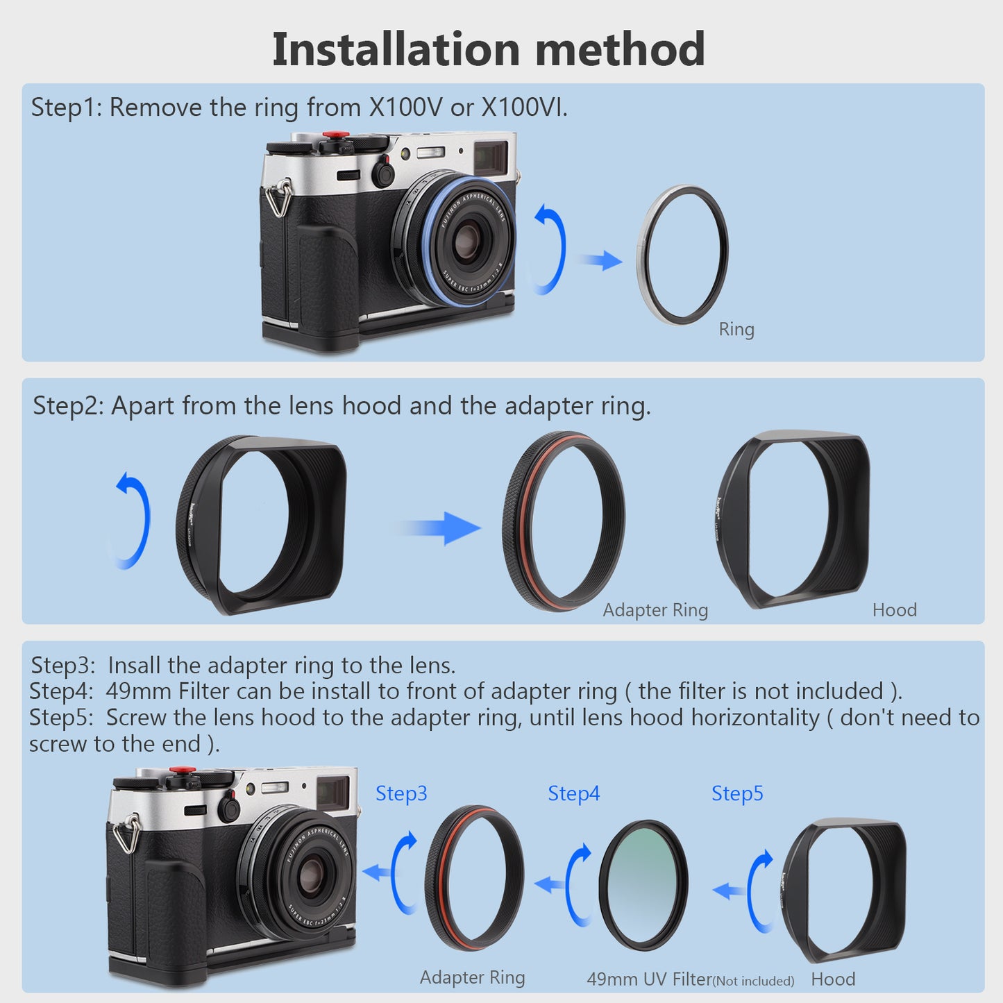 Haoge LH-X200B Square Metal Lens Hood with 49mm Adapter Ring for Fujifilm X100VI Fuji x100vi X100V X100F X100T X100S X100 X70 Fuji Photo Camera Accessories Black