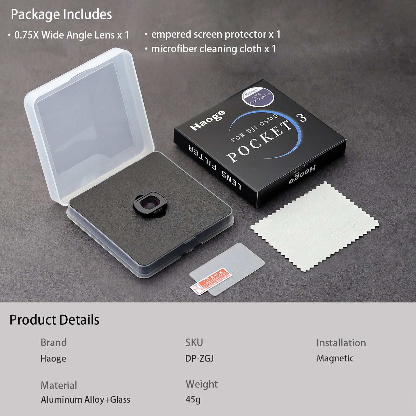 Haoge Magnetic 0.75X Wide Angle Lens for DJI Osmo Pocket 3,Expanded FOV of 108°, Dual-Sided Anti-Reflective Coating Lens with Screen Protector