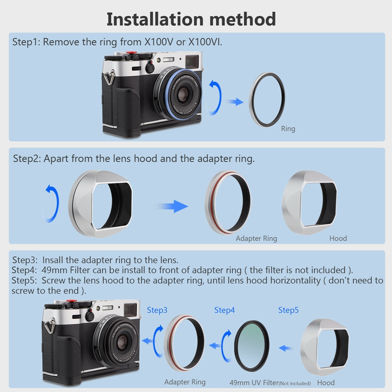 Haoge Square Metal Lens Hood for Fujifilm X100V Fuji X100VI Camera Silver with 49mm UV Filter Adapter Ring