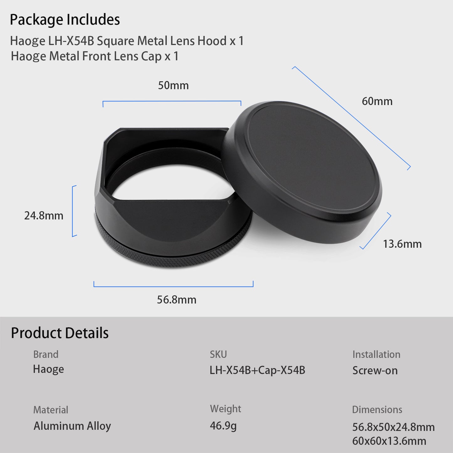 Haoge Square Metal Lens Hood Shade with Cap and 49mm Adapter Ring for Fuji Fujifilm FinePix X100VI x100vi X100V X100F X100T X100S X70 Camera Black LH-X54B+Cap-X54B