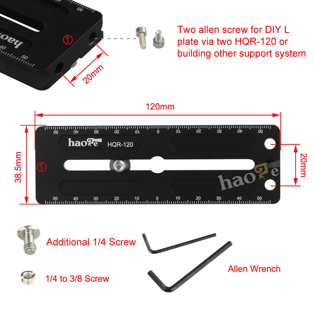 Haoge 120mm Multi-purpose Long Quick Release Extender Rail Sliding Plate for Camera Tripod Ballhead Clamp fit Benro Arca Swiss Sunwayfoto