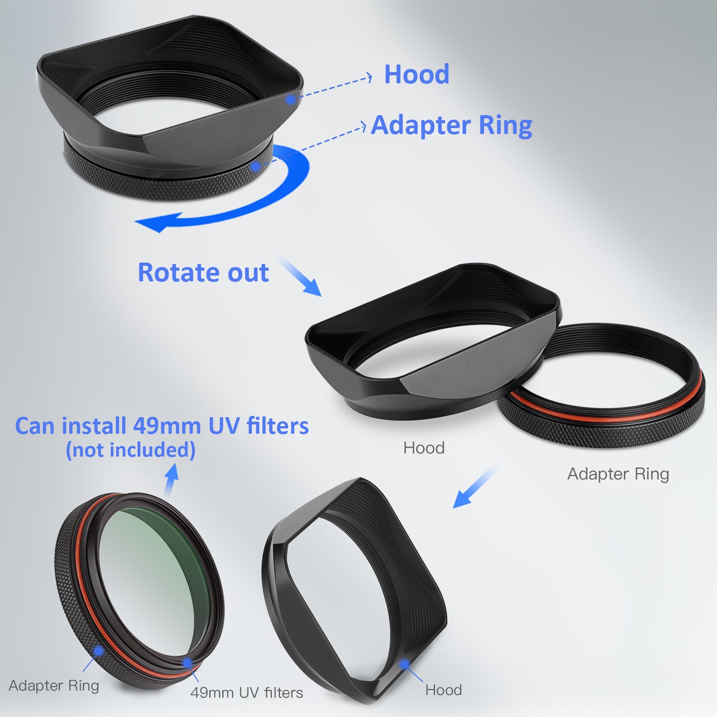 Haoge LH-X200B Square Metal Lens Hood with 49mm Adapter Ring for Fujifilm X100VI Fuji x100vi X100V X100F X100T X100S X100 X70 Fuji Photo Camera Accessories Black