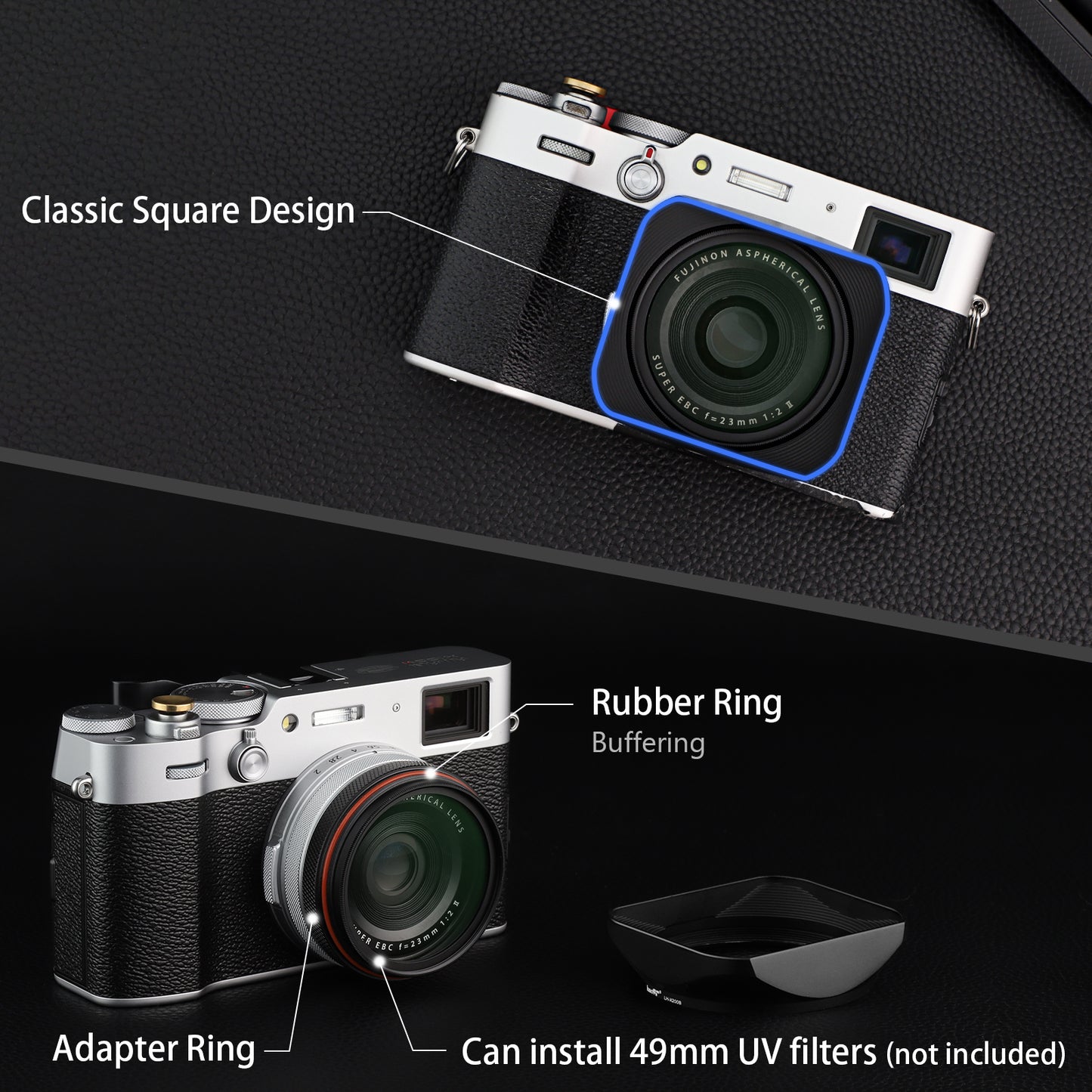 Haoge LH-X200B Square Metal Lens Hood with 49mm Adapter Ring for Fujifilm X100VI Fuji x100vi X100V X100F X100T X100S X100 X70 Fuji Photo Camera Accessories Black
