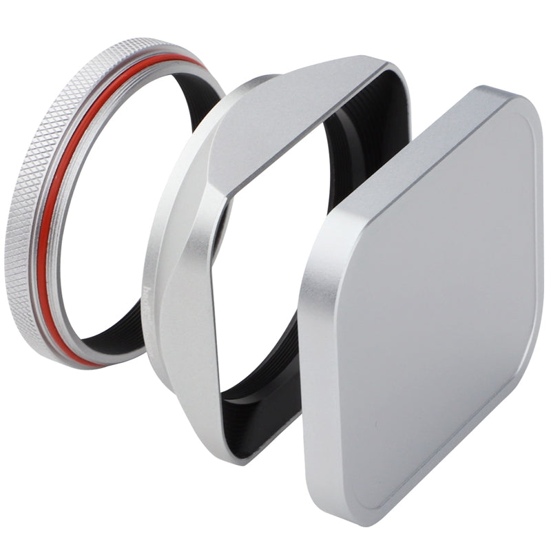 Haoge Square Metal Lens Hood for Fujifilm X100VI Fuji X100V X100F X100T X100S X100 X70 with 49mm UV Filter Adapter Ring & Metal Cap Silver