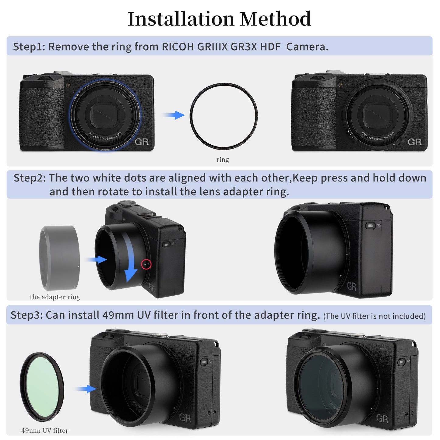 Haoge LAR-GR3X Lens Filter Adapter Ring for RICOH GR3X/GRIIIX Digital Compact Camera for GT-2 GW4 Wide Conversion Lens replaces GA-2