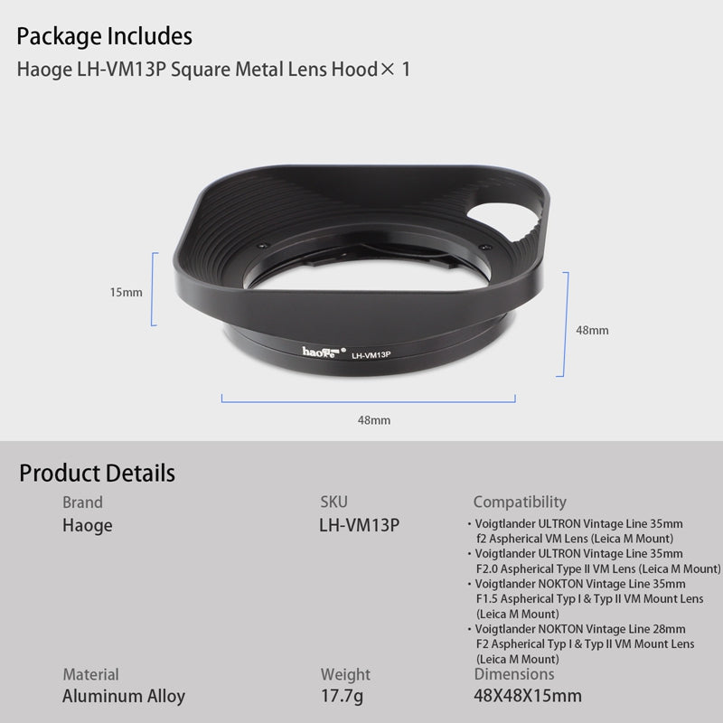 Haoge LH-VM13P Bayonet Square Metal Lens Hood Shade with Hollow Out Designed for Voigtlander 35mm f2 1:2/35 ULTRON Aspherical Vintage Line VM Lens replace LH-12