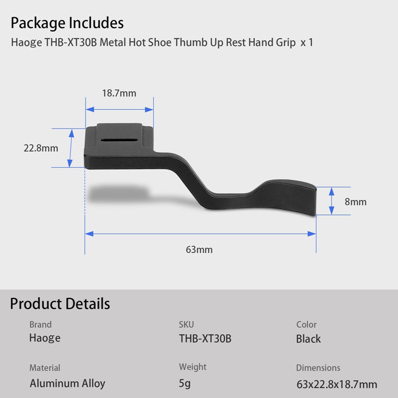 Haoge Hand Grip Metal Hot Shoe Thumb Up Rest for Fujifilm X-T30III Fuji X-T50 xt50 Camera Black