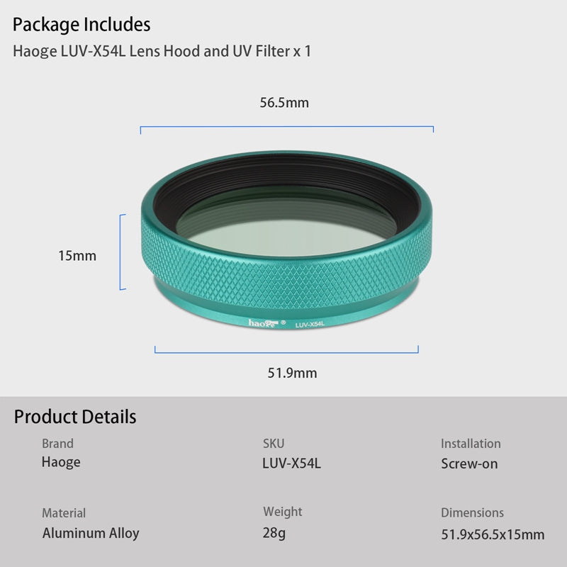 Haoge LUV-X54L Metal Lens Hood with MC UV Protection Multicoated Ultraviolet Lens Filter for Fujifilm Fuji X100V Camera Green