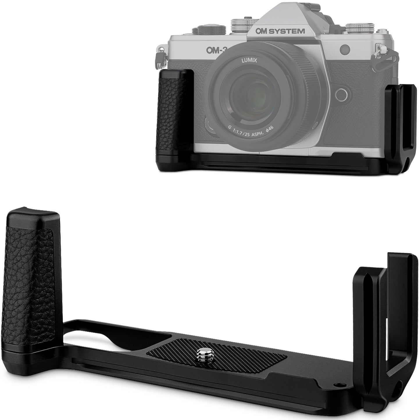 Haoge Camera Bracket Holder Hand Grip for OM SYSTEM OM-3 Camera fit Arca Swiss Kirk RRS Benro Quick Release Plate Silver HG-OM3-S