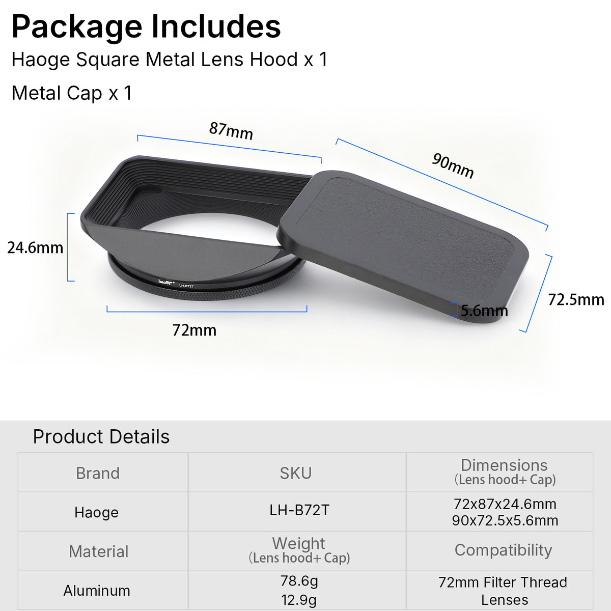Haoge 72mm Square Metal Screw-in Mount Lens Hood Shade with Cap for 72mm Canon Nikon Sony Leica Leitz Carl Zeiss Voigtlander Nikkor Panasonic Fujifilm Olympus Lens and Other 72mm Filter Thread Lens