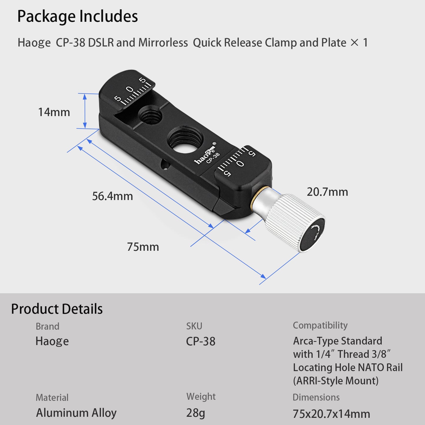 Haoge CP-38 DSLR and Mirrorless Quick Release Clamp and Plate for Arca-Type Standard with 1/4” Thread 3/8” Locating Hole NATO Rail (ARRI-Style Mount)