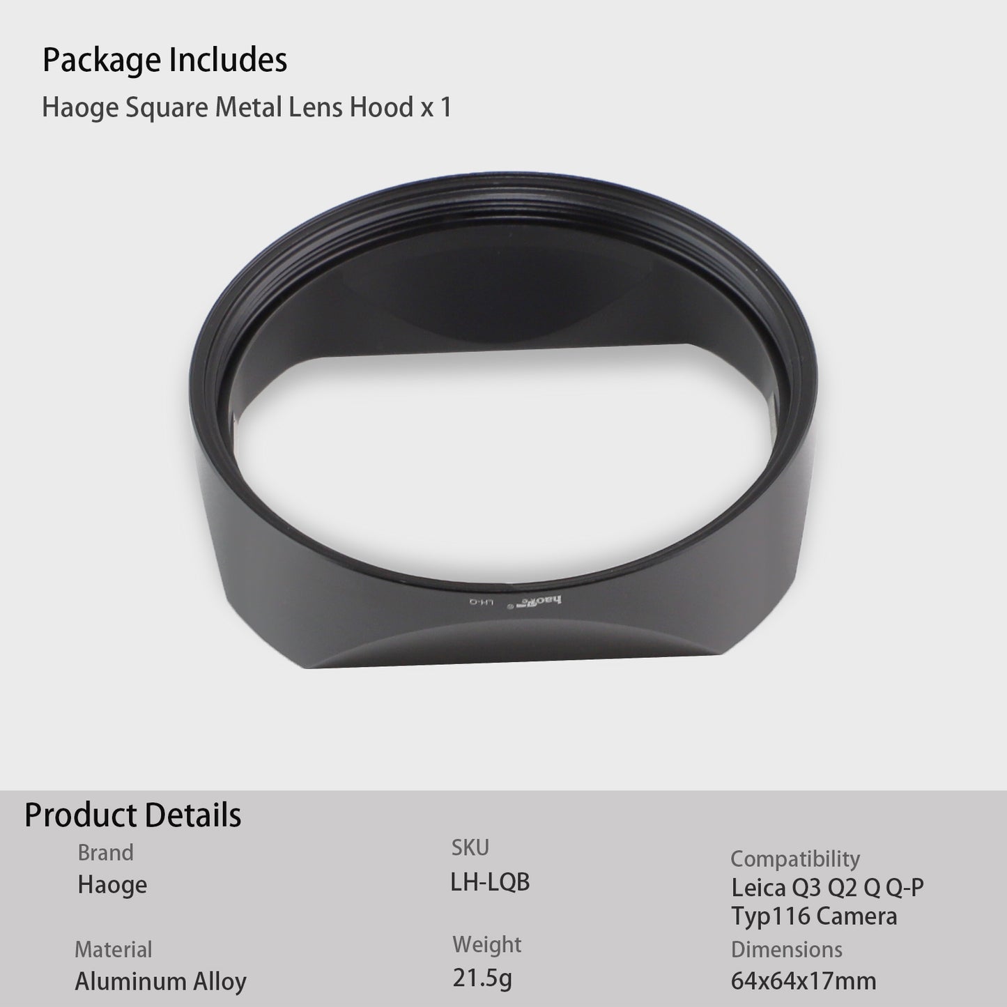 Haoge LH-LQ Metal Square Lens Hood for LeicaQ2 Q Q-P QP q Camera Accessories Black