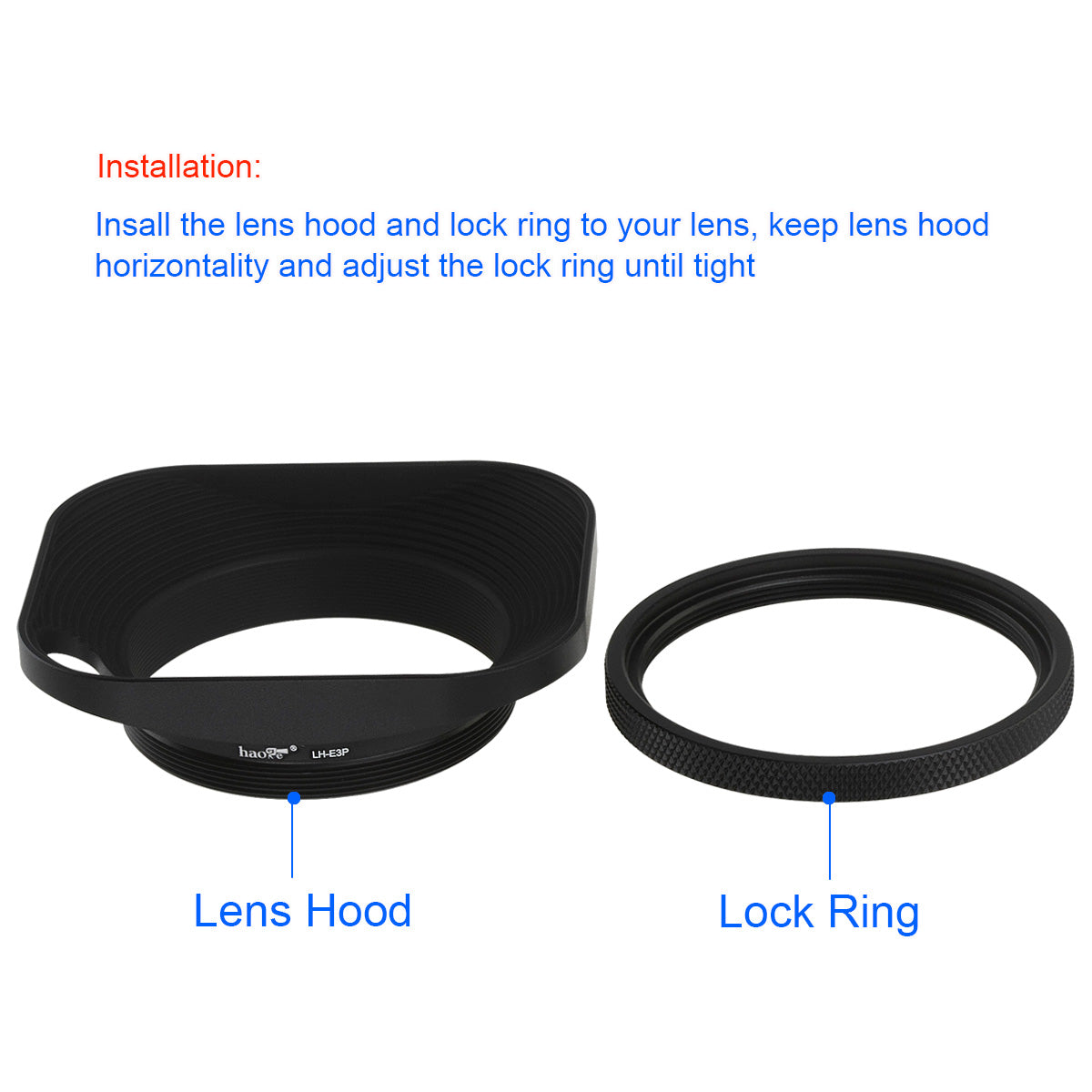 Haoge 49mm Square Metal Screw-in Lens Hood Hollow Out Designed with Cap for Leica Q3 Q2 Q Camera and 49mm Filter Thread Lens Black LH-E2P