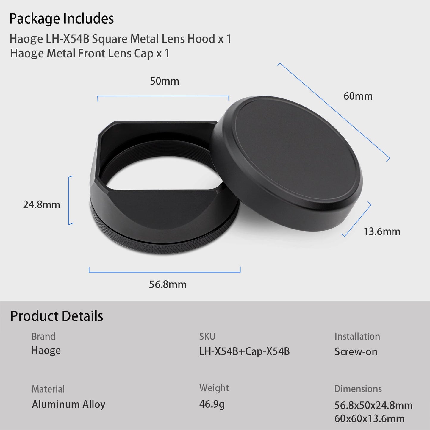 Haoge Square Metal Lens Hood for Fujifilm X100VI Fuji X100V X100F X100T Camera Black with 49mm UV Filter Adapter Ring and Metal Cap