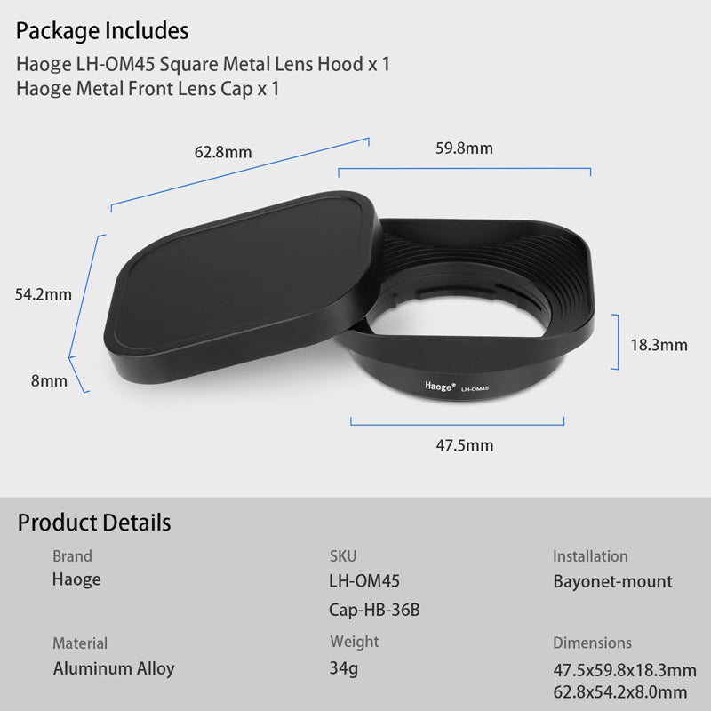 Haoge Metal Square Lens Hood with Metal cap for Olympus M.ZUIKO DIGITAL 45mm F1.8 lens LH-OM45 +Cap-36B