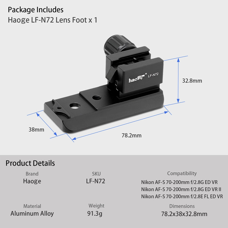 Haoge LF-N72 Lens Collar Replacement Foot Tripod Mount Ring for Nikon AF-S Nikkor 70-200mm f/2.8G ED VR I II and 70mm-200mm f/2.8E FL ED VR Lens built-in Arca Type Quick Release Plate