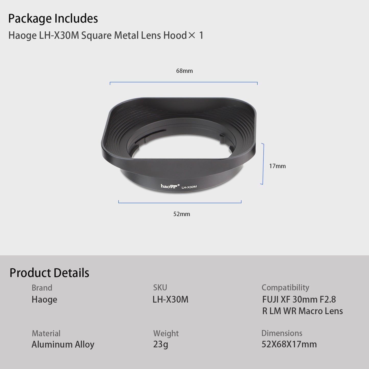 Haoge LH-X30M Lens Hood for Fujifilm Fuji XF 30mm F2.8 R LM WR Macro Lense Metal Square Bayonet Hood