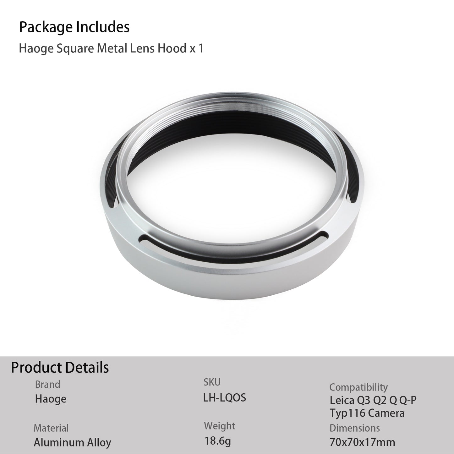 Haoge LH-LQ Metal Lens Hood Shade with Cap for Leica Q3-43 Q3 Q2 Q Q-P QP Typ 116 Typ116 Camera Silver