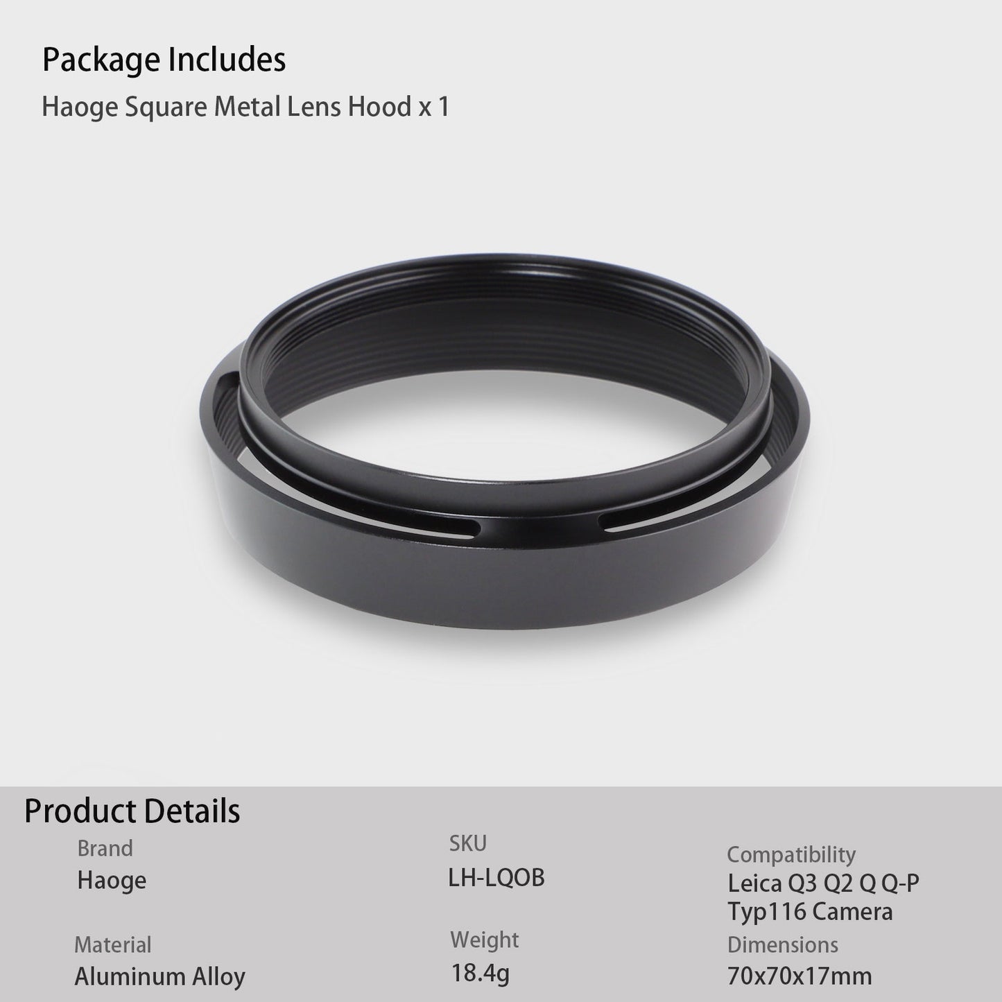 Haoge LH-LQ Metal Lens Hood Shade with Cap for Leica Q3 Q3-43 Q2 Q Q-P QP Typ 116 Typ116 Camera Black