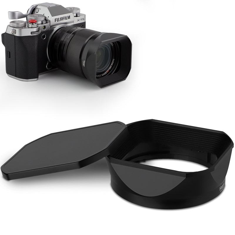 Haoge Metal Square Lens Hood for Fujifilm Fujinon Fuji XF 16-50mm F2.8-4.8 R LM WR&XF33mm F1.4 R LM WR,XF 23mm f/1.4 R LM WR lens Replaces LH-XF23 II/LH-XF23-2 Lens Hood with a Hood Cap on X-T5 X-T4 XT50 XH2 Camera