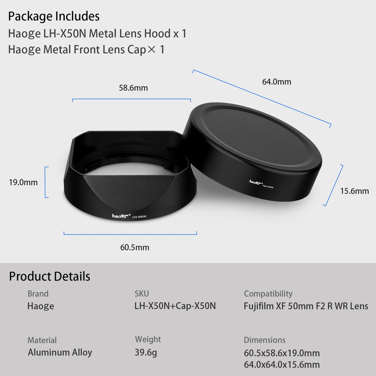 Haoge LH-X50N Bayonet Square Metal Lens Hood for Fujifilm Fuji Fujinon XF 50mm F2 R WR Lens With Metal Cap Kit on X-Pro3 X-T4 X-S10 Camera