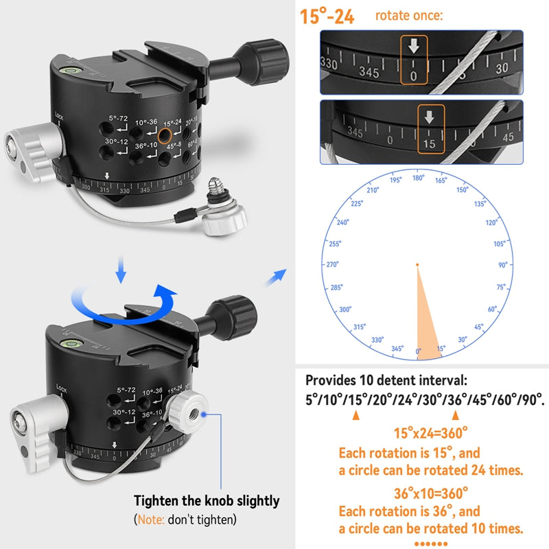 Haoge PA-64T 64mm Panoramic Panorama Pano Indexing Index Rotator Tripod Monopod Head - 10 Detent Interval Quick Release Clamp fit Arca Swiss