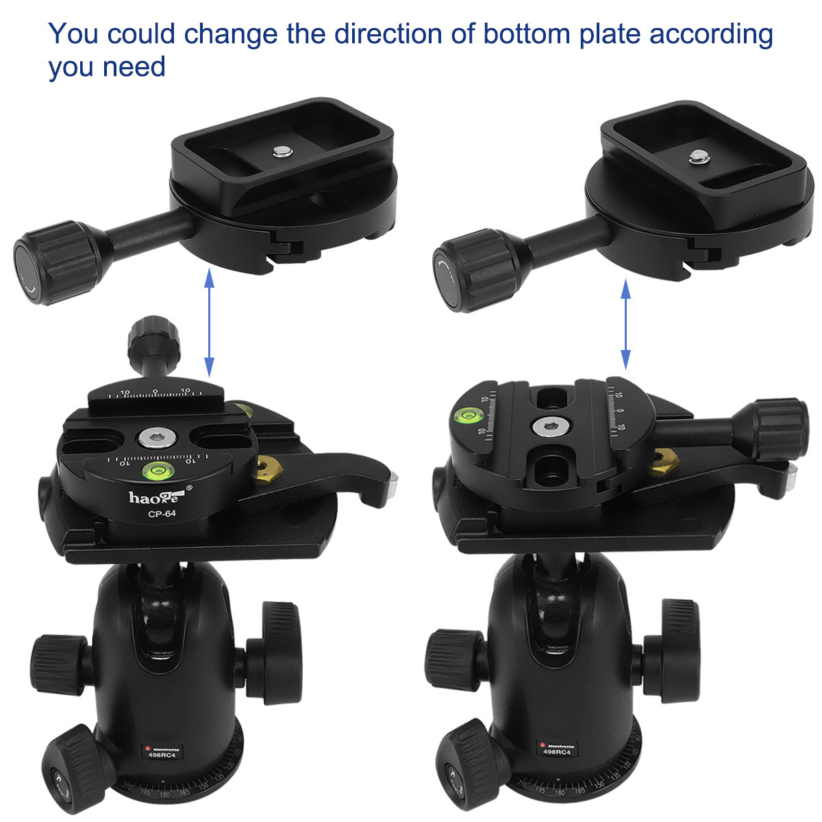 Haoge CP-64 Quick Release Clamp with RC4 / 400PL Base Adapter Convertor for Manfrotto RC4 System to Arca-Swiss Compatible, Fit 400PL / 405 / 410 / RC4