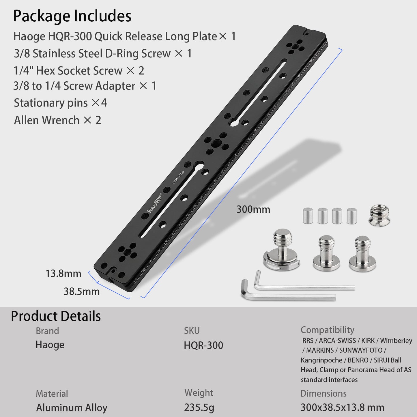 Haoge HQR-300 300mm Multi-purpose Dual Dovetail Long Quick Release Extender Rail Sliding Plate for Camera Tripod Ballhead Clamp fit Benro Arca Swiss Sunwayfoto