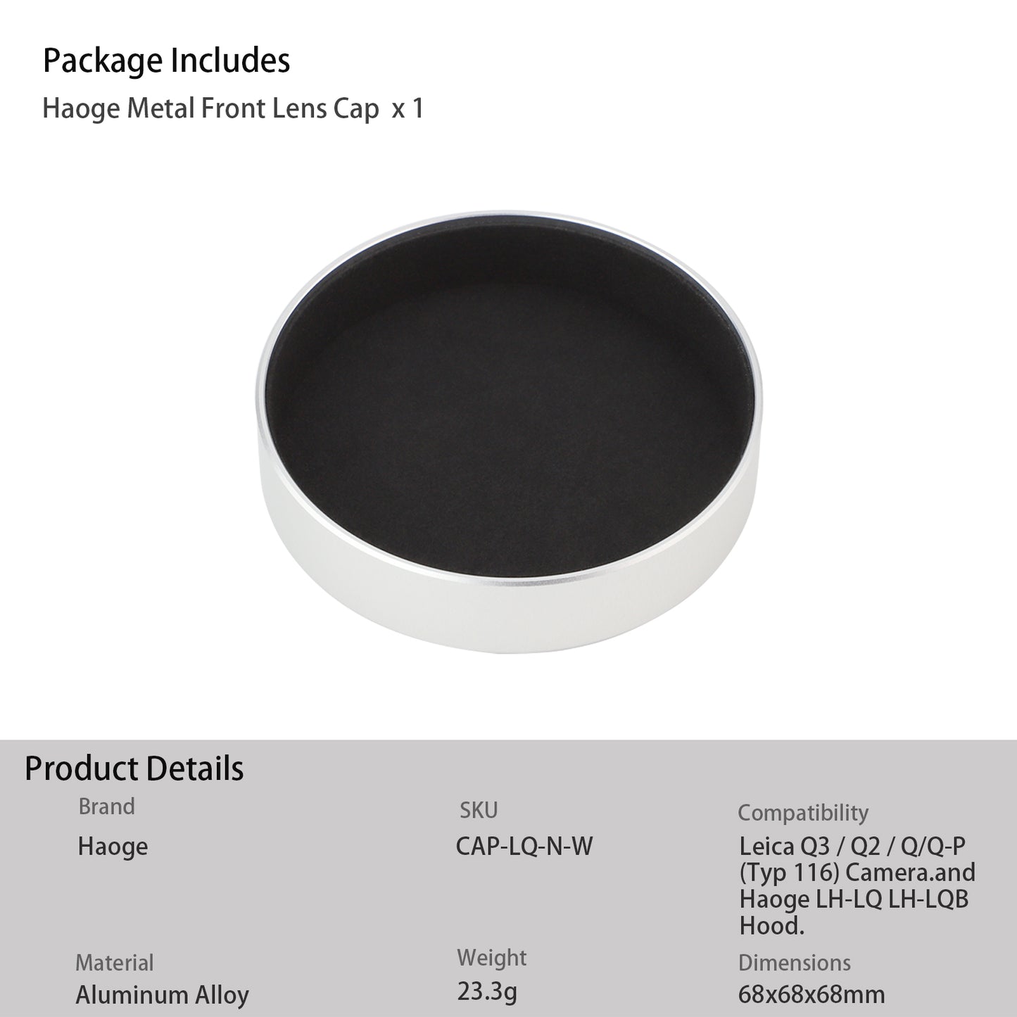 Haoge Metal Front Lens Cap Cover for Leica Q3 Q3-43 Q2 Q Type 116 Type116 Digital Camera Accessories Silver