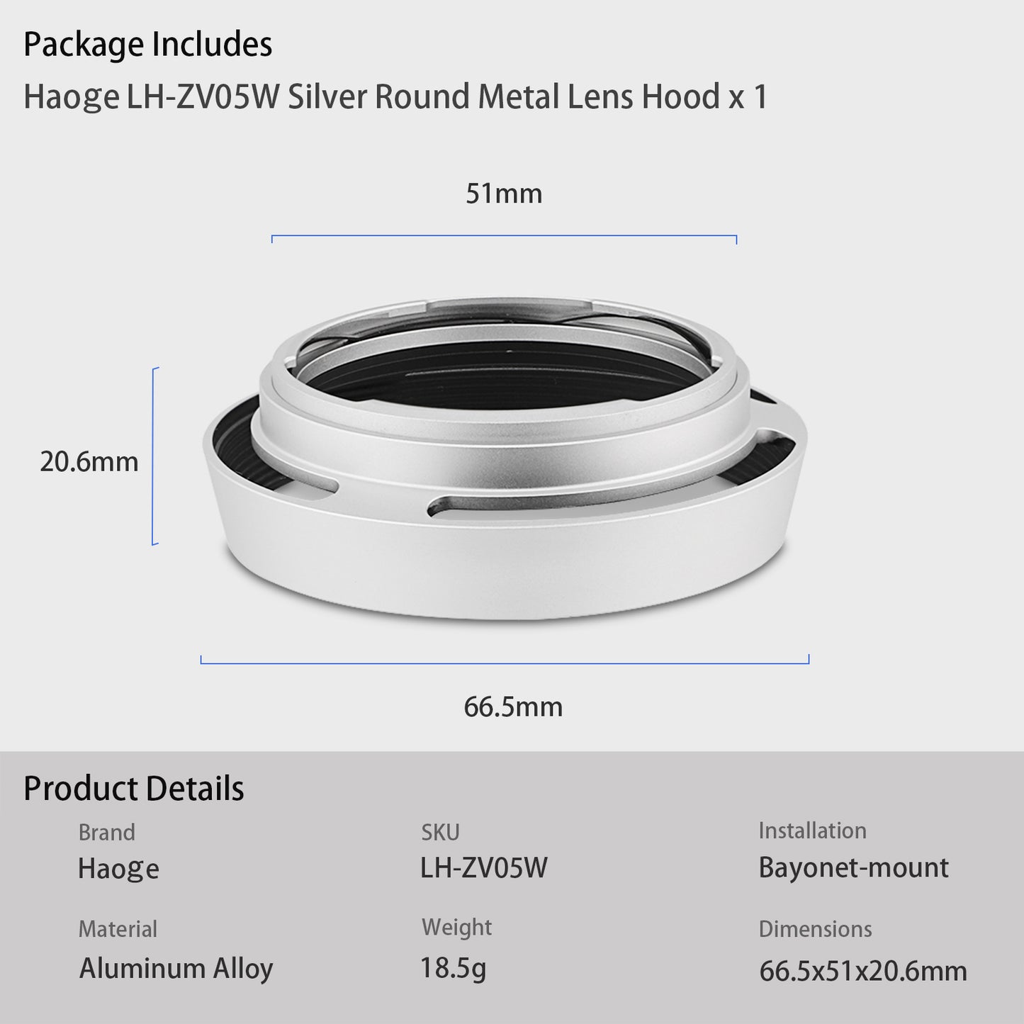 Haoge LH-ZV05W Runde Metall-Gegenlichtblende für Carl Zeiss Biogon T* 2/35 35 mm f/2 ZM, Biogon T* 2.8/35 35 mm f/2.8 ZM, Planar T* 2/50 50 mm f/2 ZM; Voigtländer NOKTON CLASSIC 35 mm f/1.4 I & II VM, 40 mm f/1.4 VM, 50 mm f/1.5 Aspherical II VM
