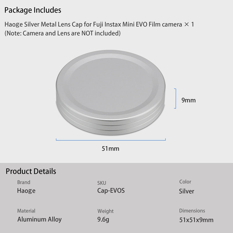 Haoge Metal Lens Cover for Fujifilm Instax Mini Evo Film Photo Camera Accessories Lens Cap,Silver
