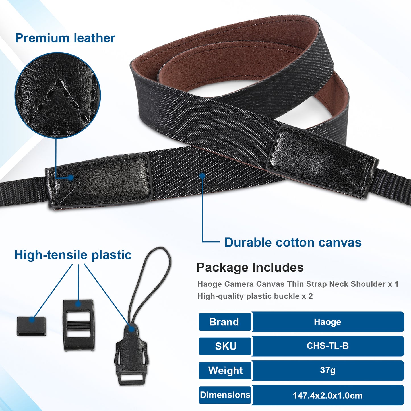 Haoge Camera Canvas Thin Strap Neck Shoulder for Binoculars,monoculars,Mirrorless or DSLR Camera,Rangefinders Tools,Bags,Adjustable long Cotton Strap (Black)