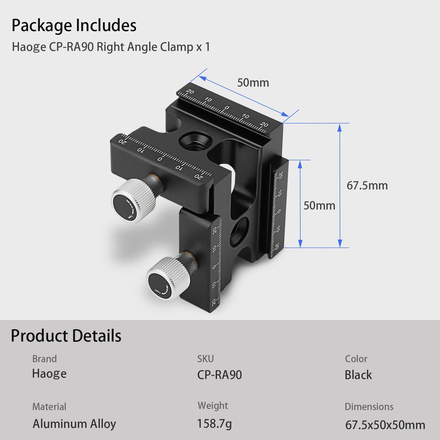 Haoge CP-RA90 Right Angle Clamp 90 Degree Double Quick Release L Clamp with 1/4 Screw Thread for Arca Swiss RRS Benro Rail Plate Nodal Slide