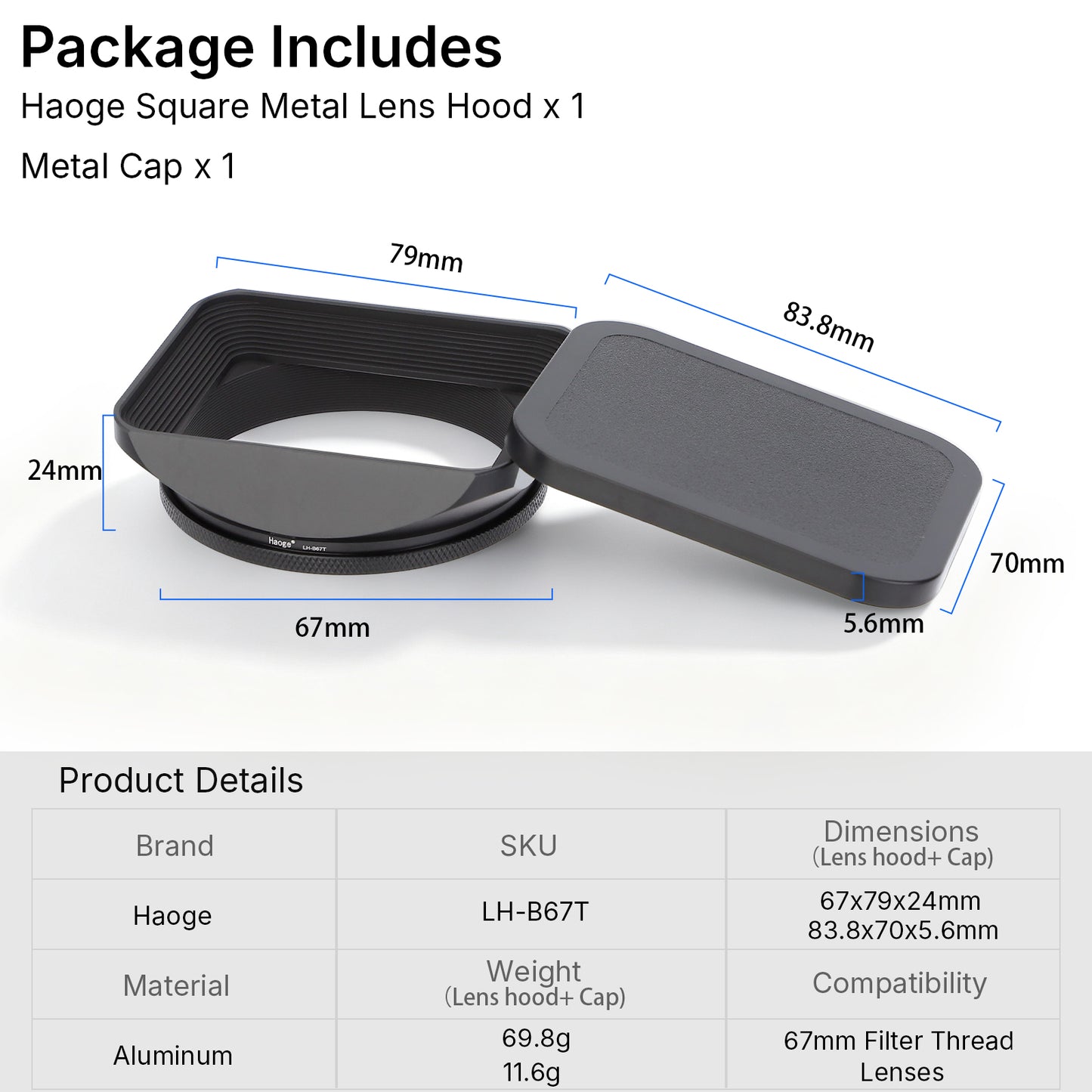 Haoge Metal Lens Hood for Hasselblad XCD 45mm F3.5/XCD 65mm F2.8/XCD 90mm F3.5 Lens , 67mm Screw Hood, Compatible with 67mm UV Filters