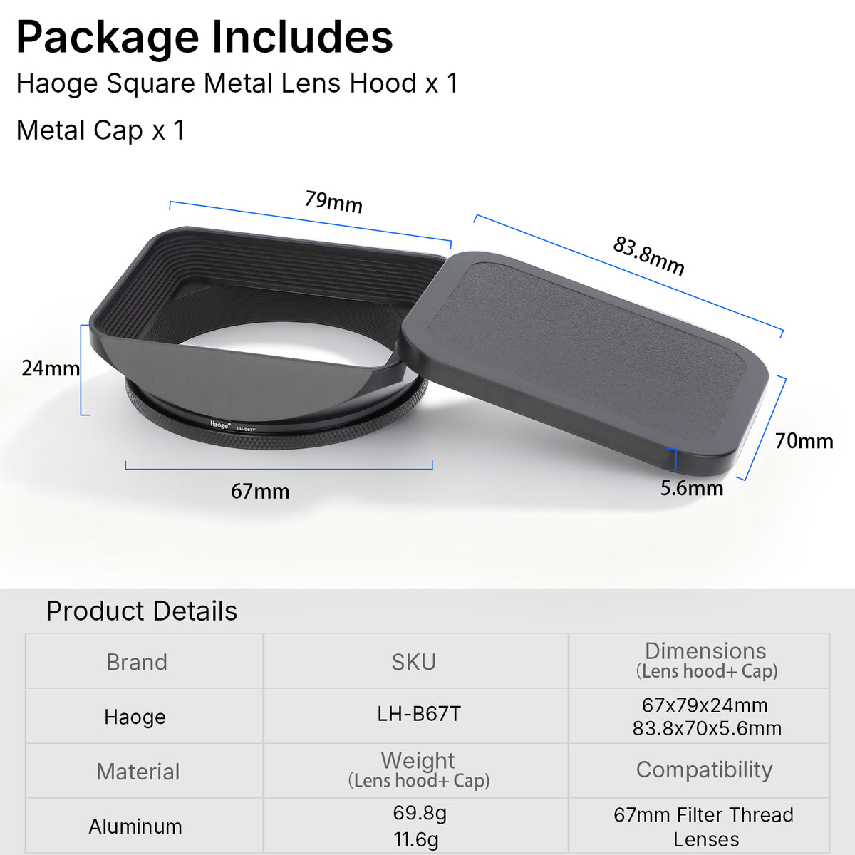 Haoge 67mm Square Metal Screw-in Mount Lens Hood Shade with Cap for 67mm Canon Nikon Sony Leica Leitz Carl Zeiss Voigtlander Nikkor Panasonic Fujifilm Olympus Lens and Other 67mm Filter Thread Lens