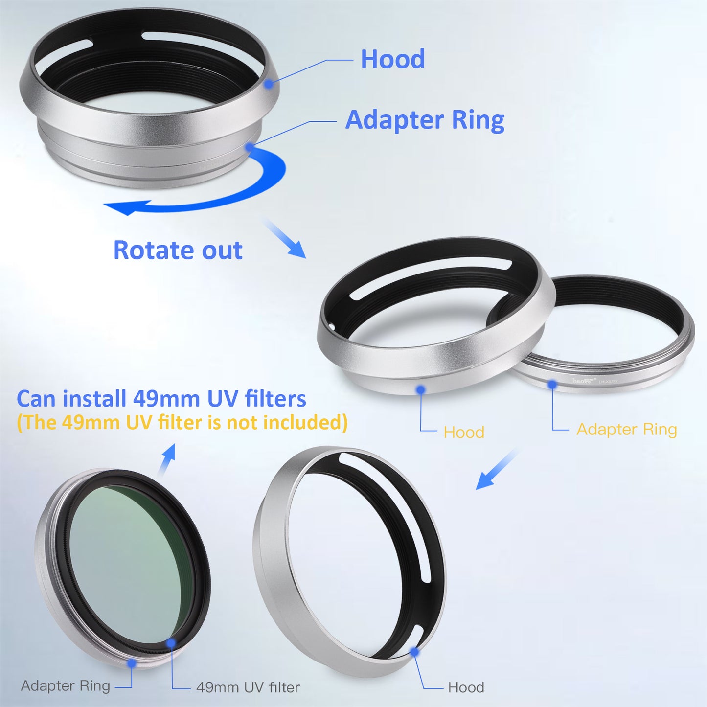 Haoge LH-X53W 3in1 Lens Hood with Adapter Ring with Cap Set for Fujifilm Fuji FinePix X70 X100 X100S X100T X100F X100V Camera Silver replaces Fujifilm LH-X100