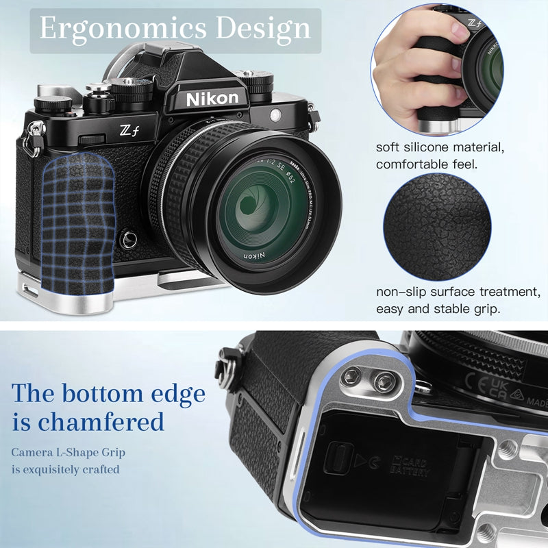Haoge Handgrip for Nikon Zf ZF Camera L-Shape Grip, With Ergonomic Silicone Side Handle Built-in Arca Swiss Type Plate for DJI RS2/RS-C2/RS3/RS3-PRO/RS3 Mini ,Silver MHG-ZFW
