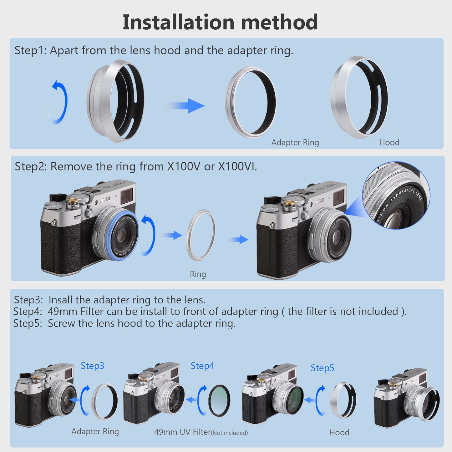 Haoge LH-X53W 3in1 Lens Hood with Adapter Ring with Cap Set for Fujifilm Fuji FinePix X70 X100 X100S X100T X100F X100V Camera Silver replaces Fujifilm LH-X100