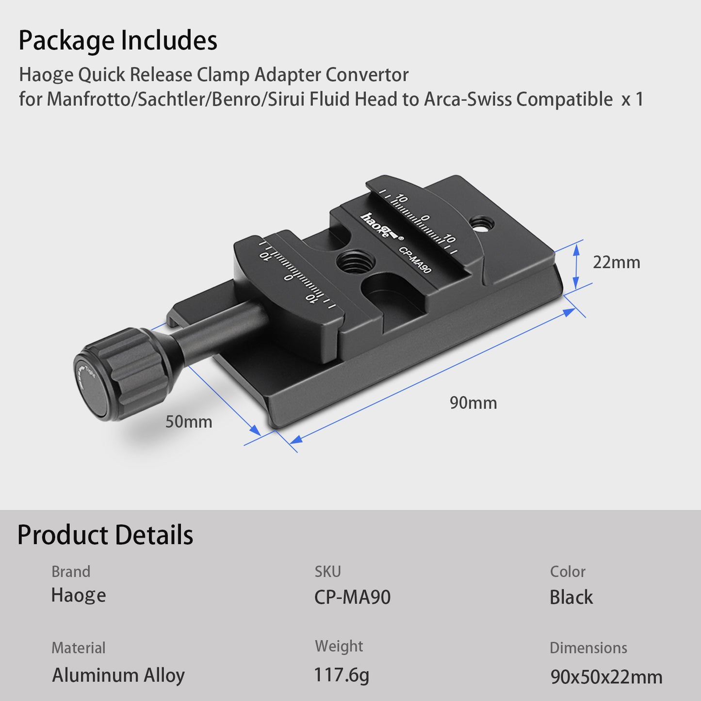 Haoge CP-MA90 Quick Release QR Clamp Adapter Convertor for Select Manfrotto Sachtler Benro Sirui Tripod Fluid Video Head to Arca-Swiss Compatible