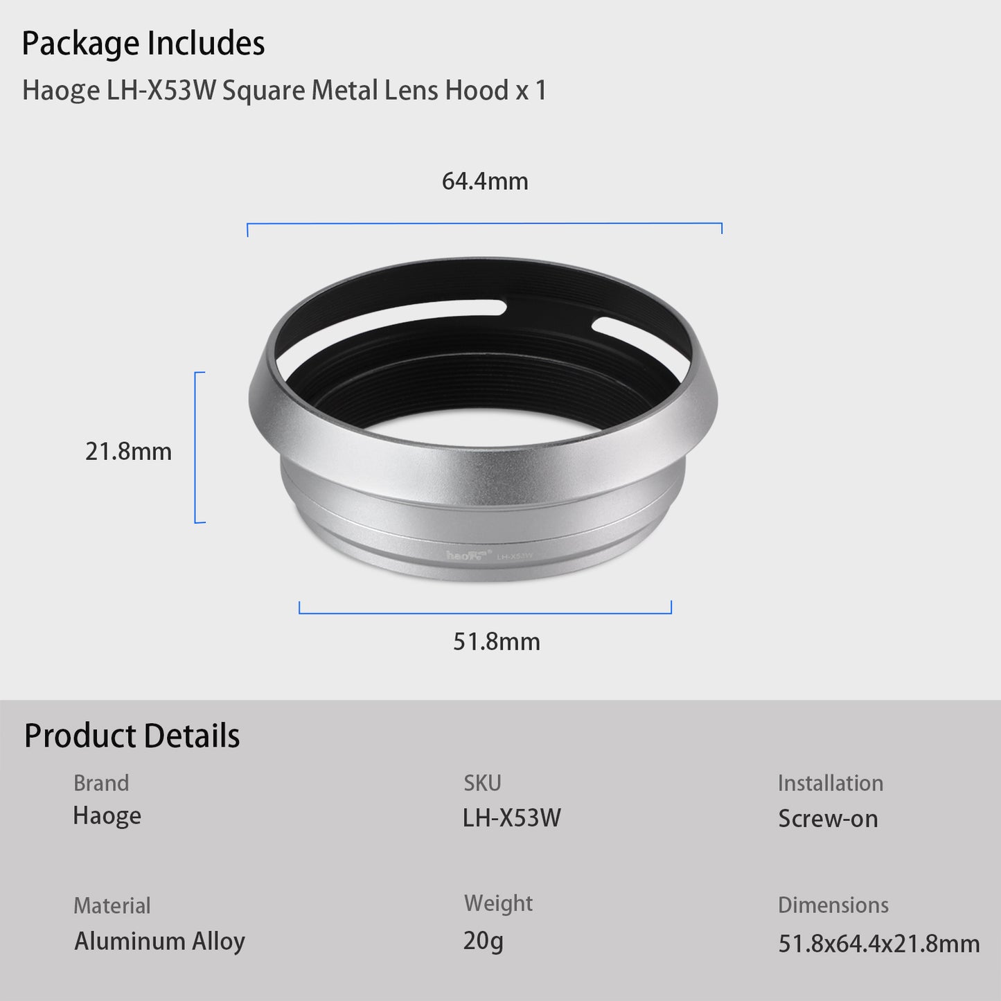 Haoge LH-X53W 3in1 Lens Hood with Adapter Ring with Cap Set for Fujifilm Fuji FinePix X70 X100 X100S X100T X100F X100V Camera Silver replaces Fujifilm LH-X100