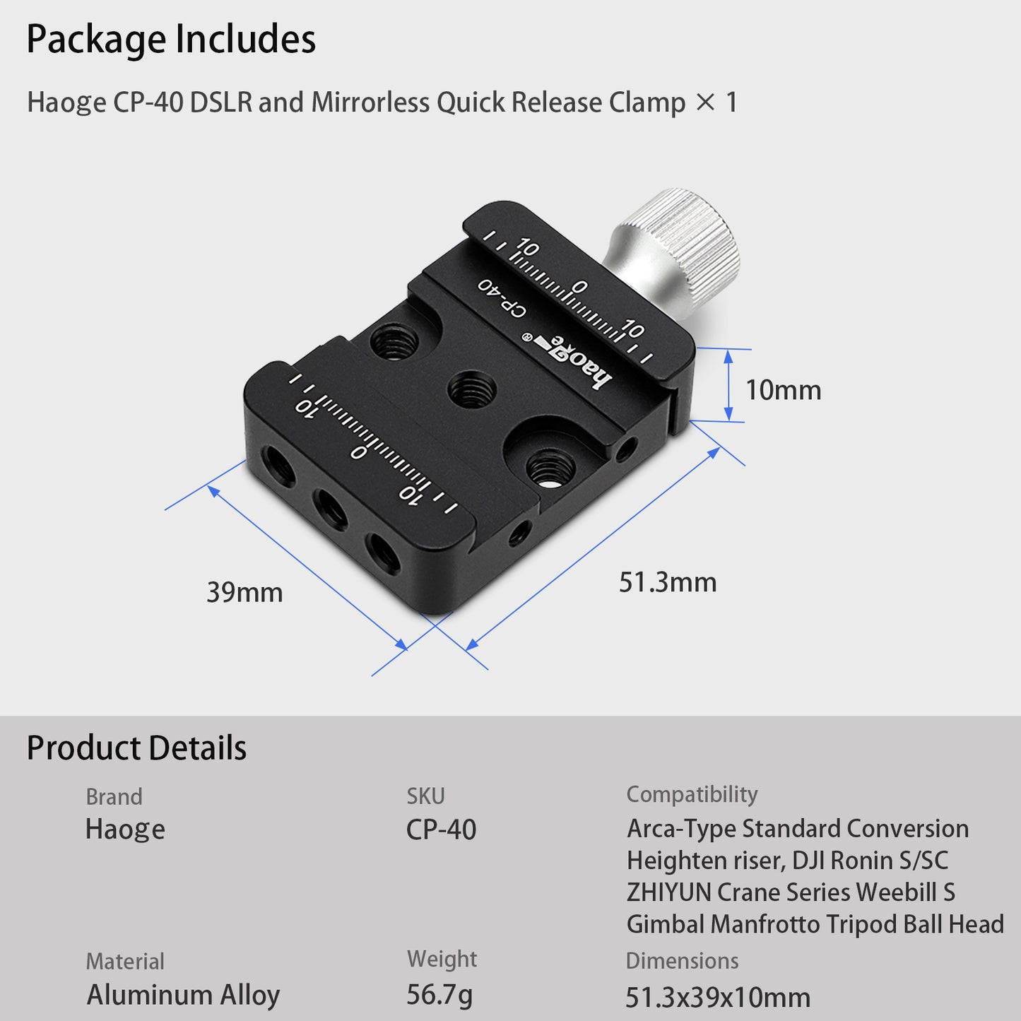 Haoge CP-40 DSLR and Mirrorless Quick Release Clamp for Arca-Type Standard Conversion Heighten riser Compatible with DJI Ronin S/SC ZHIYUN Crane Series Weebill S Gimbal Manfrotto Tripod Ball Head