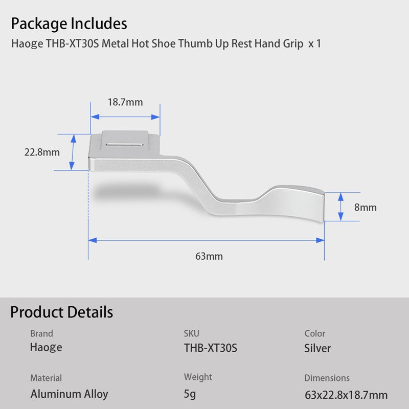 Haoge Hand Grip Metal Hot Shoe Thumb Up Rest for Fujifilm X-T30III Fuji X-T50 xt50 XT30 III Camera Silver