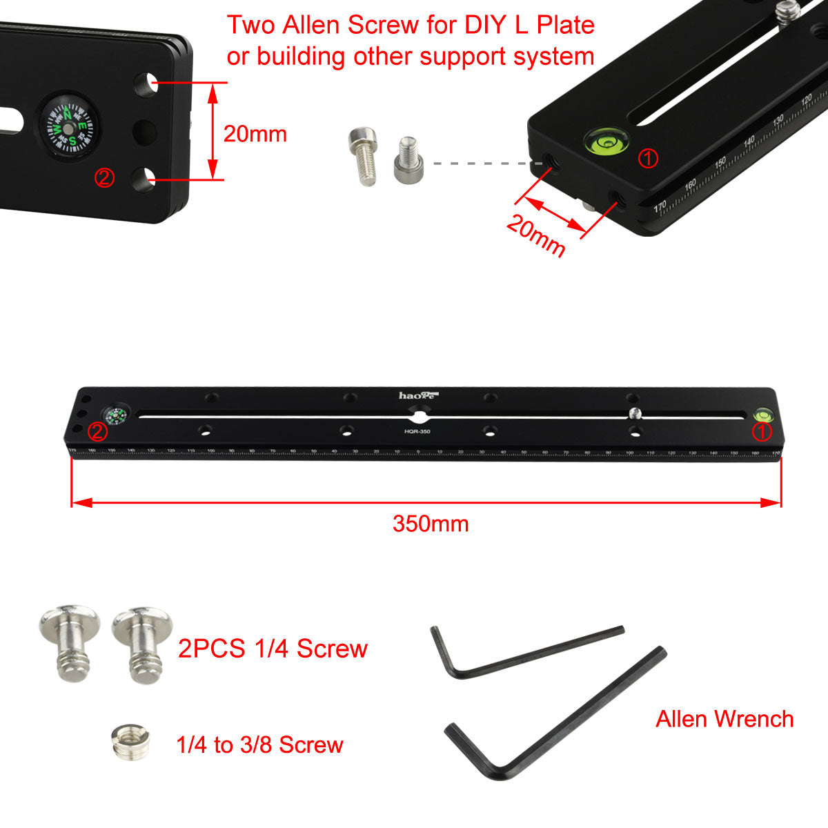 Haoge HQR-350 350mm Multi-purpose Dual Dovetail Long Quick Release Extender Rail Sliding Plate for Camera Tripod Ballhead Clamp fit Benro Arca Swiss Sunwayfoto