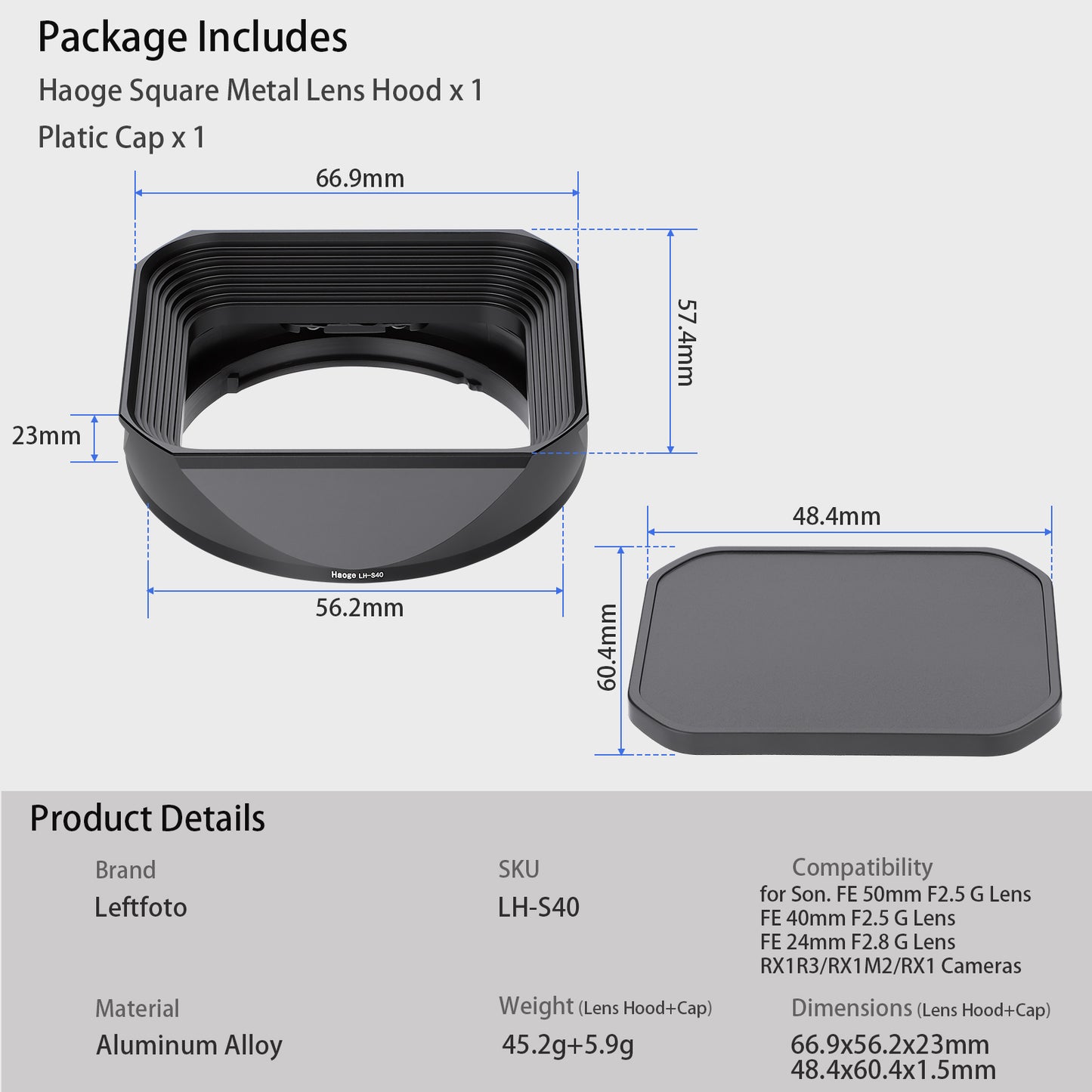 Haoge Metal Square Lens Hood for Sony RX1R3/RX1M2/RX1 FE 40mm F2.5 G FE 50mm F2.5 G FE24mm F2.8 G Lens Shade on A7CII A7CR A7R4 Camera Bayonet Mount With Cap